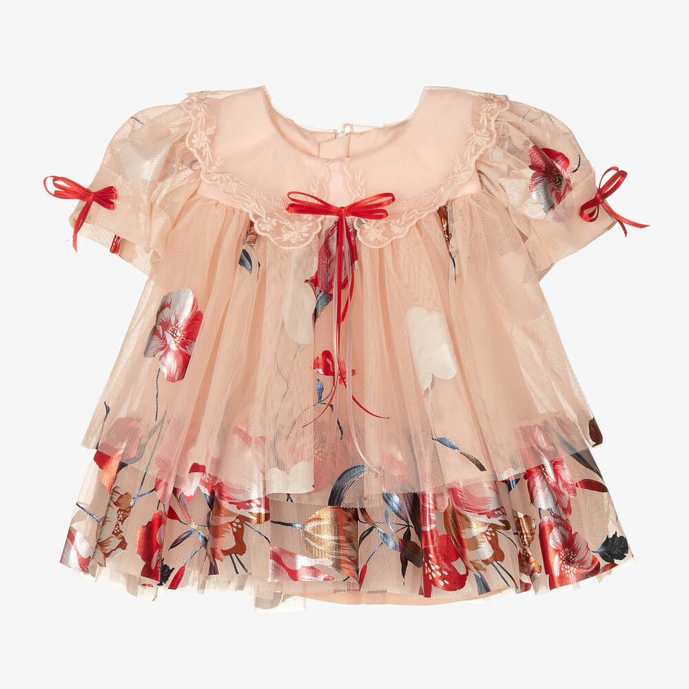 Junona - Girls Pink & Red Floral Tulle Dress | Childrensalon