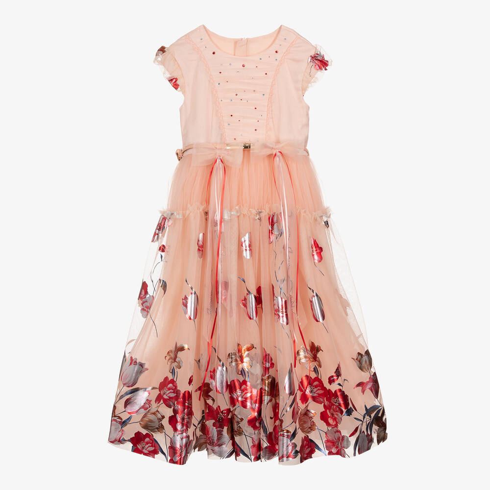 Junona - Girls Pink & Red Floral Tulle Dress | Childrensalon