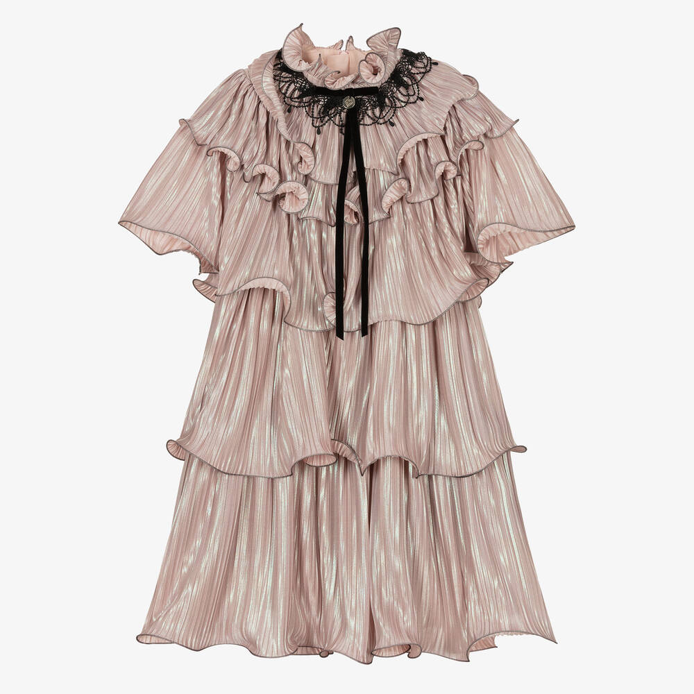 Junona - Girls Pink Ruffle Plissé Dress | Childrensalon