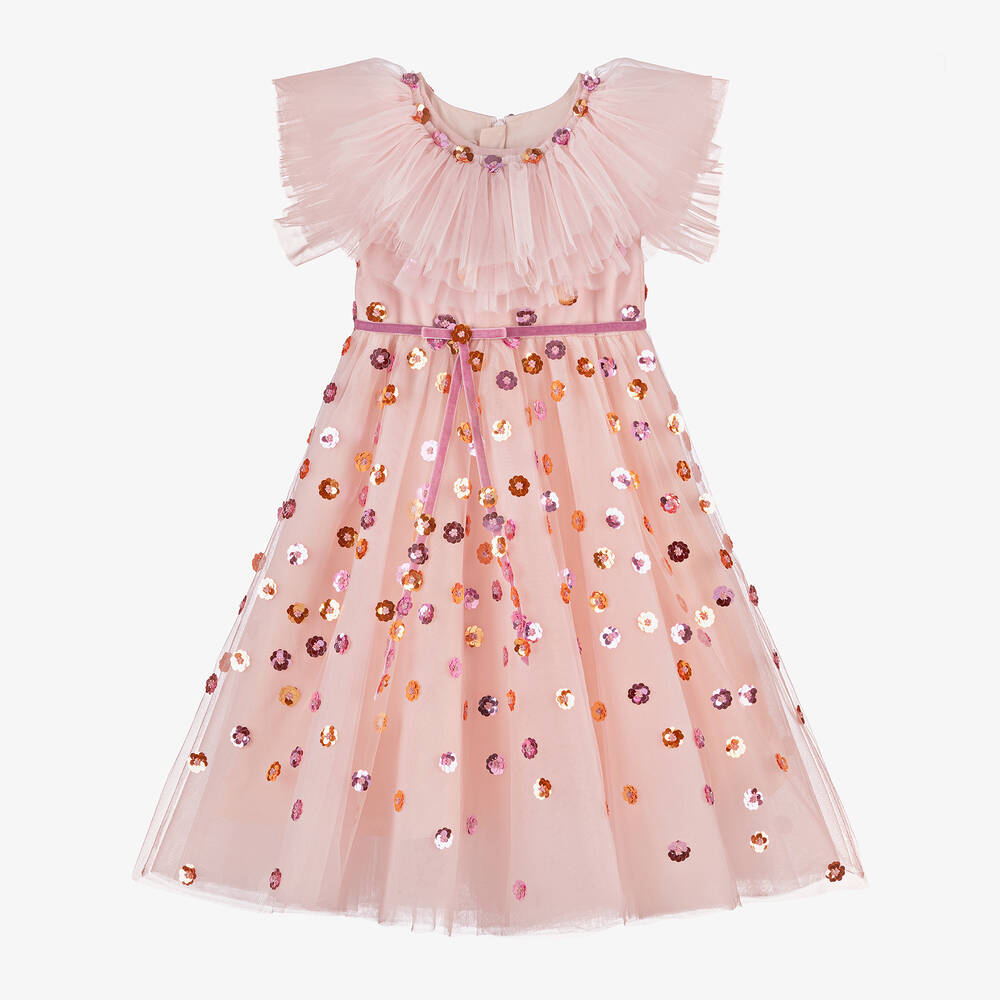 Junona-Girls Pink Sequin Flower Tulle Dress | Childrensalon Outlet