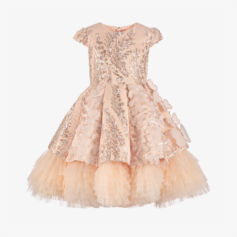 Junona-Girls Pink Sequinned Tulle Dress with Butterflies & Flowers | Childrensalon Outlet