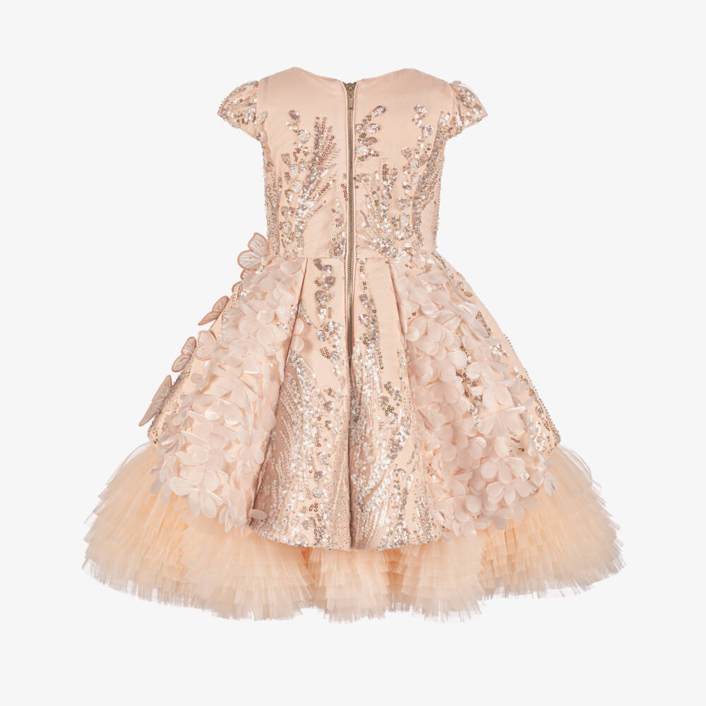 Junona-Girls Pink Sequinned Tulle Dress with Butterflies & Flowers | Childrensalon Outlet