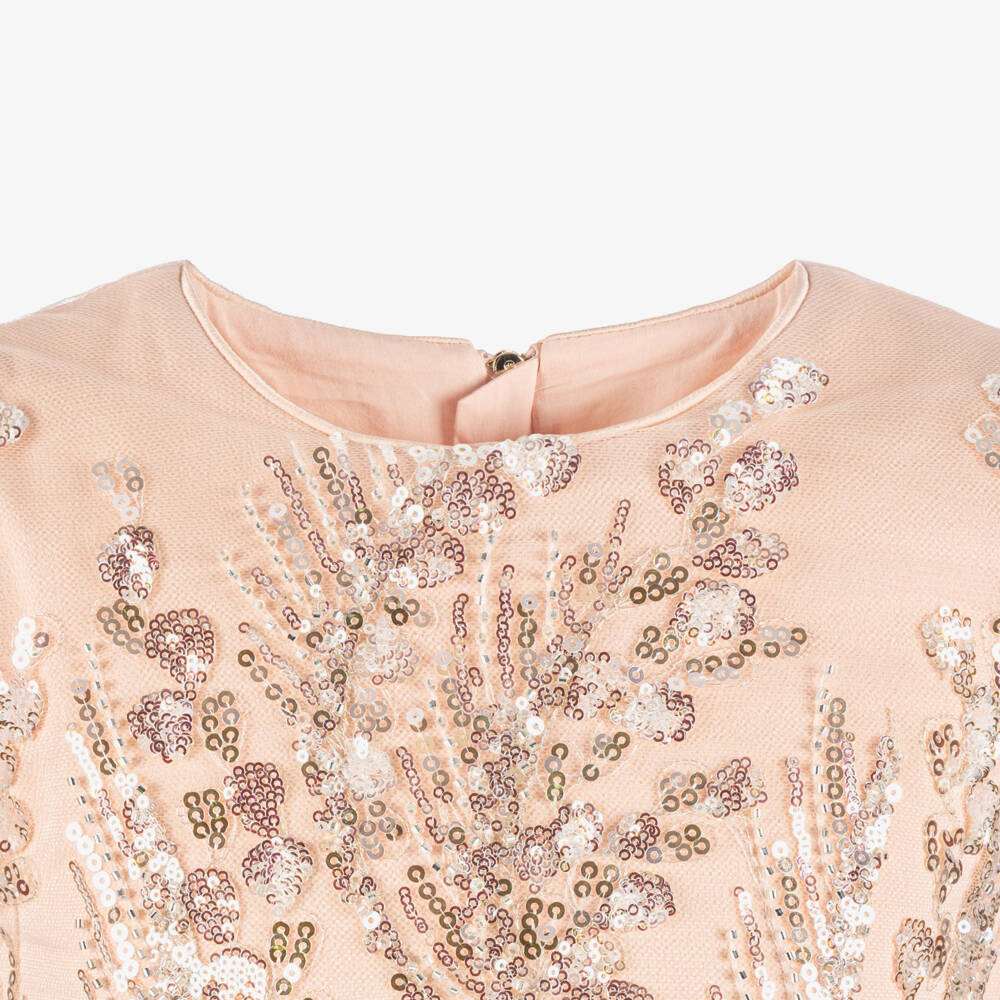 Junona-Girls Pink Sequinned Tulle Dress with Butterflies & Flowers | Childrensalon Outlet