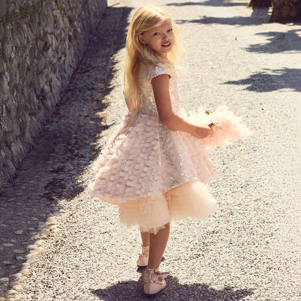 Junona-Girls Pink Sequinned Tulle Dress with Butterflies & Flowers | Childrensalon Outlet