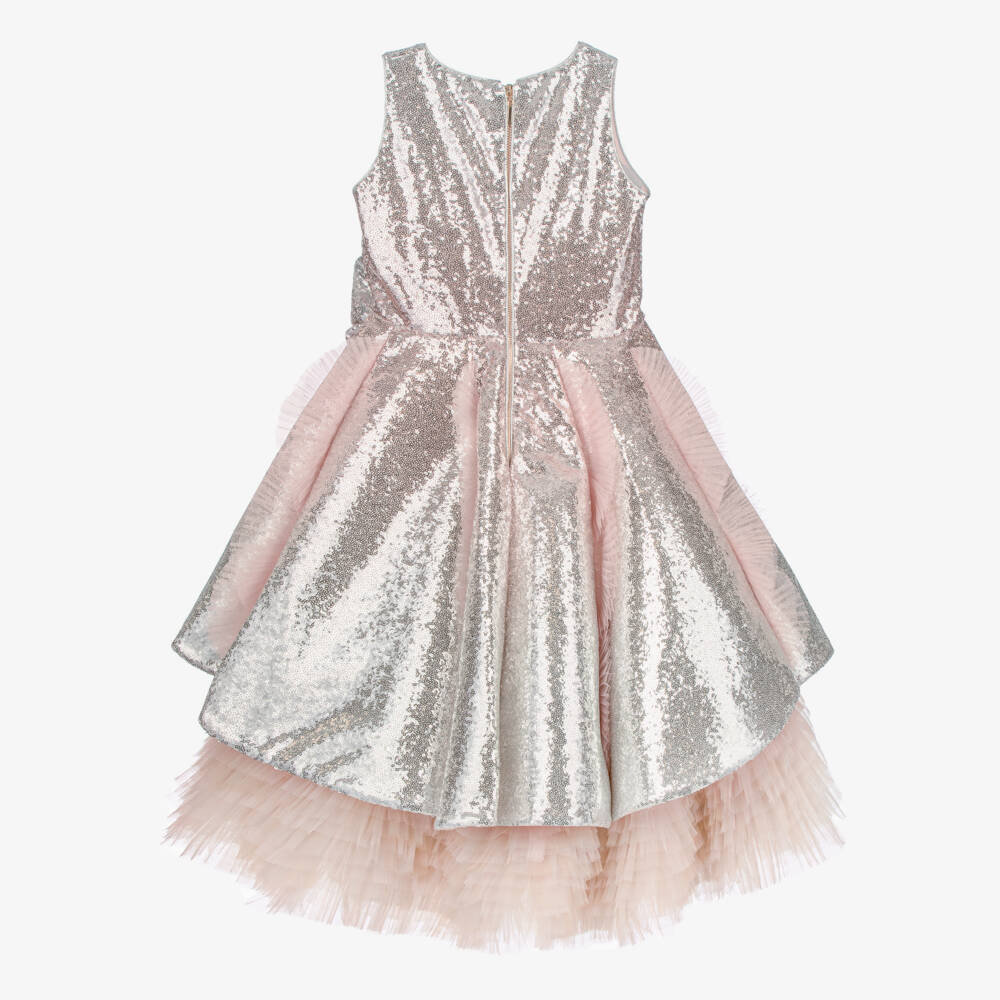 Junona-Girls Pink & Silver Sequin Dress with Bow & Butterfly Motifs | Childrensalon Outlet