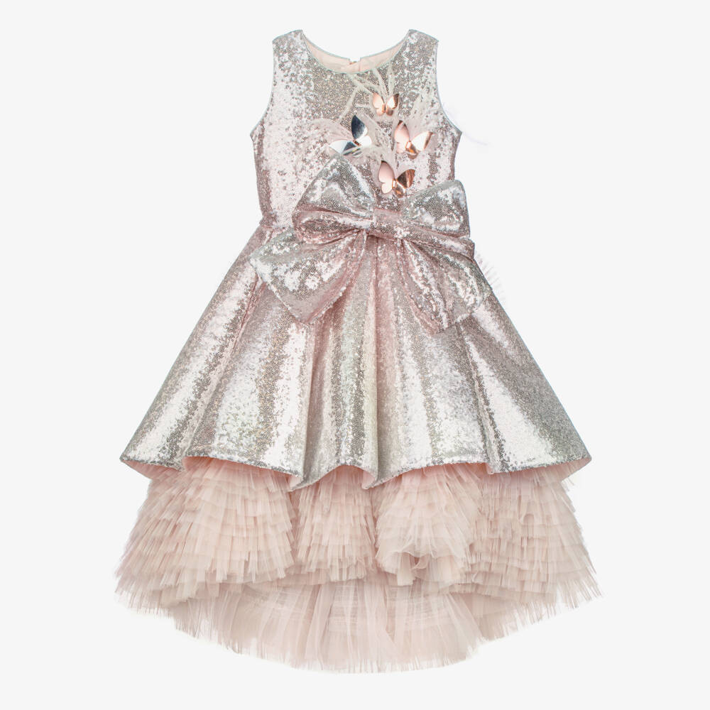 Junona-Girls Pink & Silver Sequin Dress with Bow & Butterfly Motifs | Childrensalon Outlet