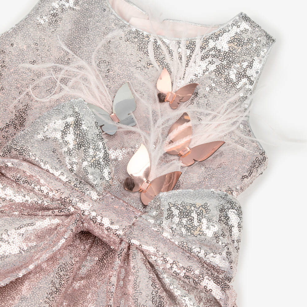 Junona-Girls Pink & Silver Sequin Dress with Bow & Butterfly Motifs | Childrensalon Outlet