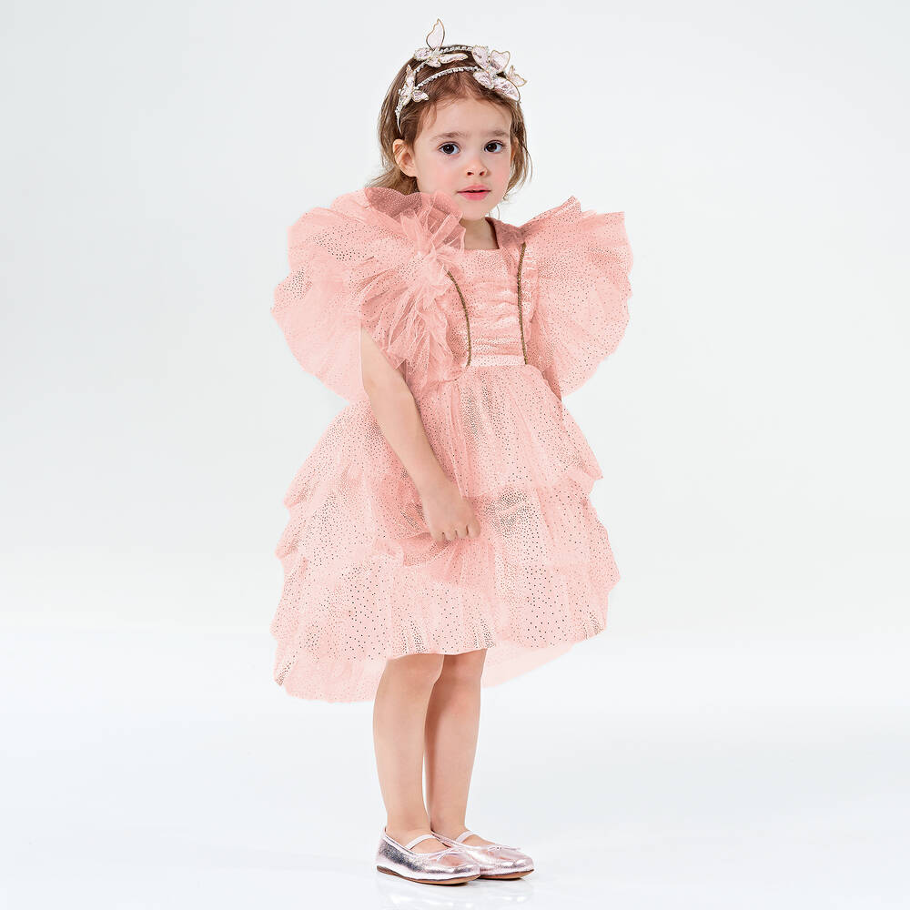 Junona - Girls Pink Tiered Tulle Dress | Childrensalon Outlet