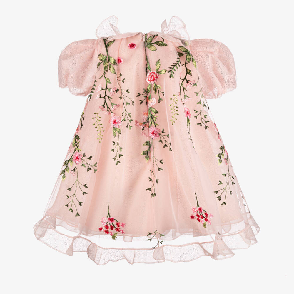 Junona-Girls Pink Tulle Dress with Floral Embroidery & Butterflies | Childrensalon Outlet