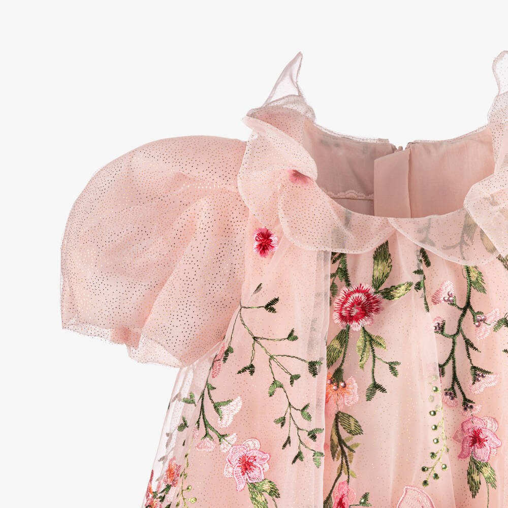 Junona-Girls Pink Tulle Dress with Floral Embroidery & Butterflies | Childrensalon Outlet