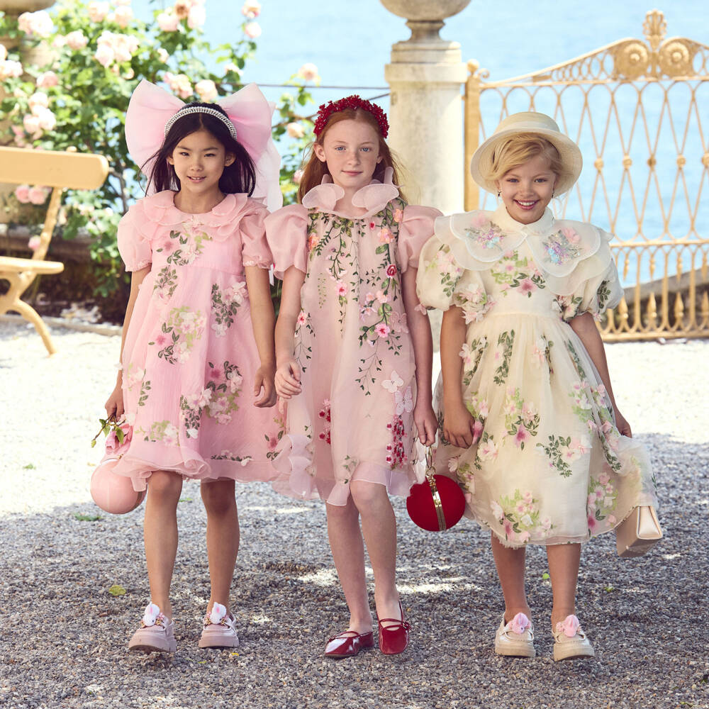 Junona-Girls Pink Tulle Dress with Floral Embroidery & Butterflies | Childrensalon Outlet
