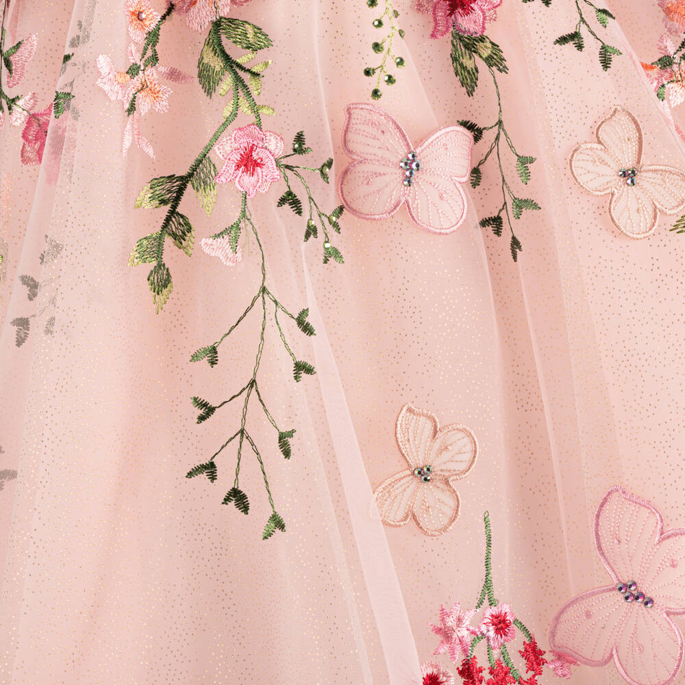 Junona-Girls Pink Tulle Dress with Floral Embroidery & Butterflies | Childrensalon Outlet