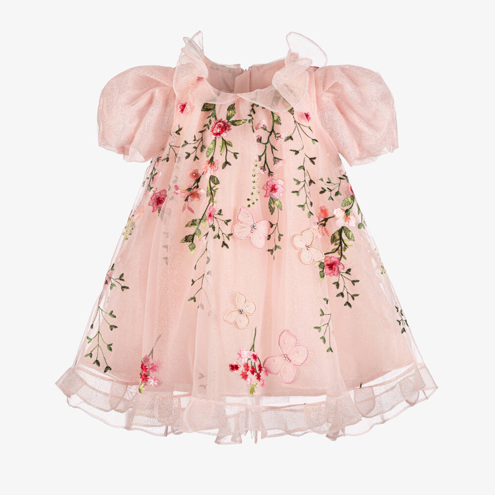 Junona-Girls Pink Tulle Dress with Floral Embroidery & Butterflies | Childrensalon Outlet