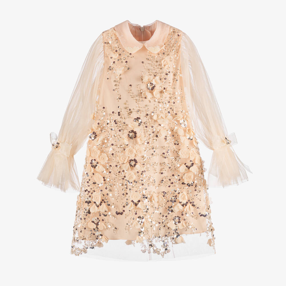 Junona-Girls Pink Tulle Dress with Floral & Sequin Embellishments | Childrensalon Outlet