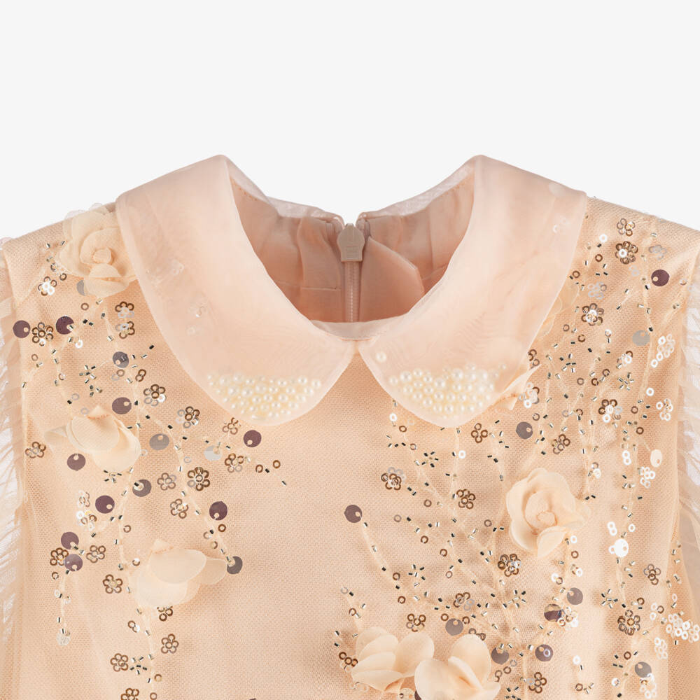 Junona-Girls Pink Tulle Dress with Floral & Sequin Embellishments | Childrensalon Outlet