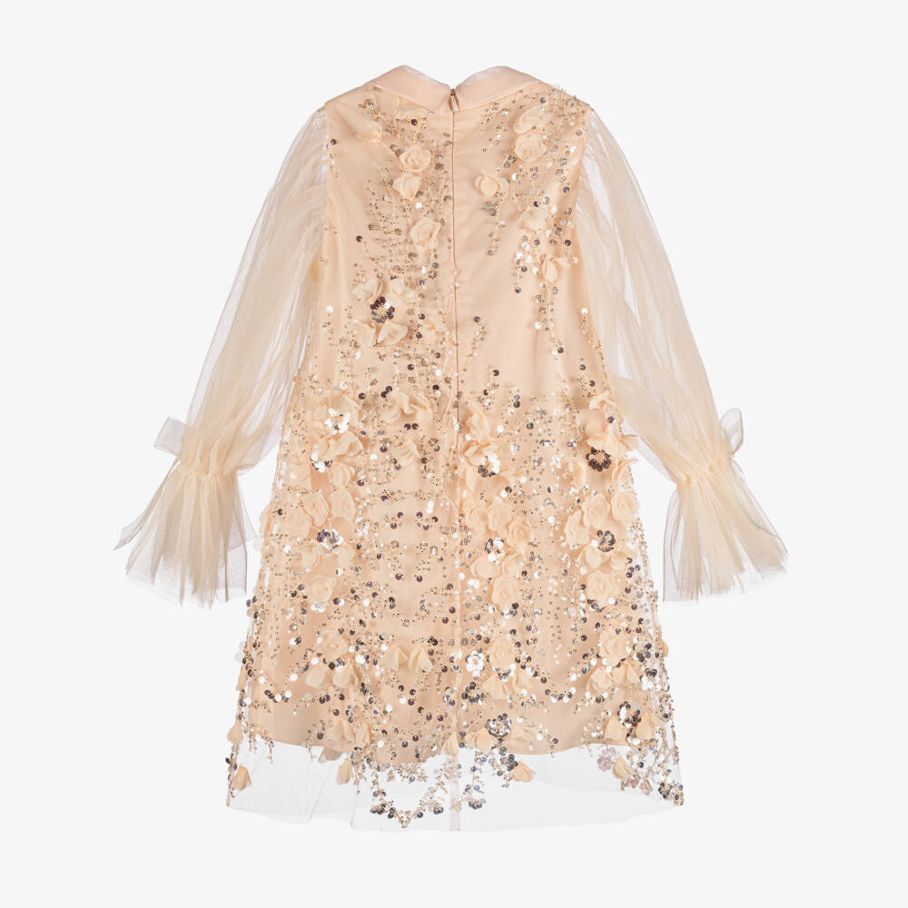 Junona-Girls Pink Tulle Dress with Floral & Sequin Embellishments | Childrensalon Outlet