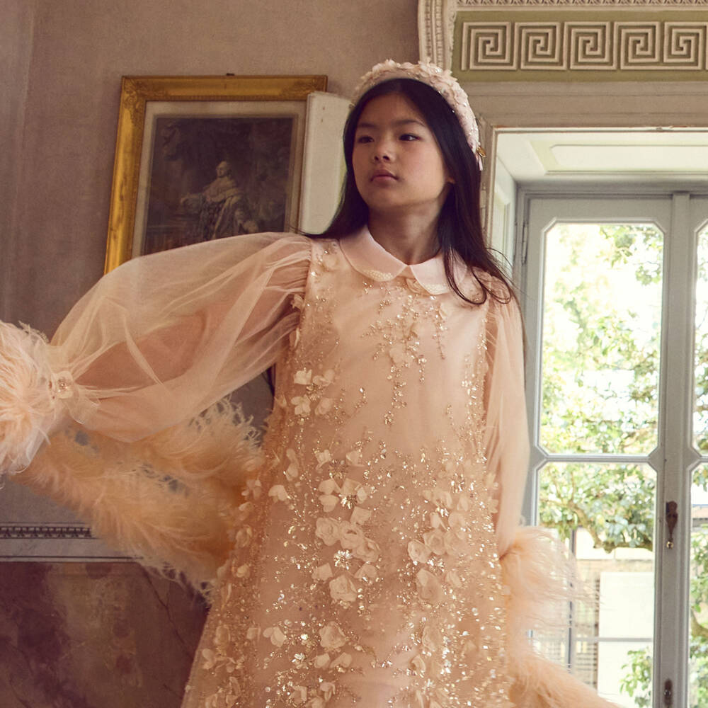 Junona-Girls Pink Tulle Dress with Floral & Sequin Embellishments | Childrensalon Outlet