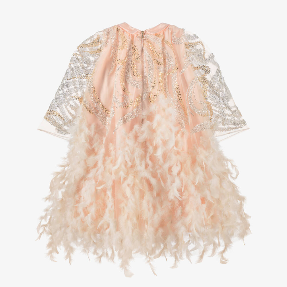 Junona-Girls Pink Tulle Dress with Sequin & Feather Trim | Childrensalon Outlet