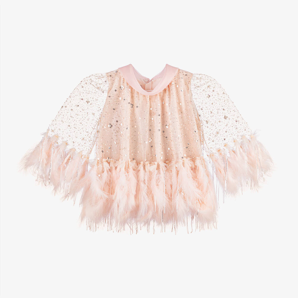 Junona-Girls Pink Tulle & Feather Blouse | Childrensalon Outlet