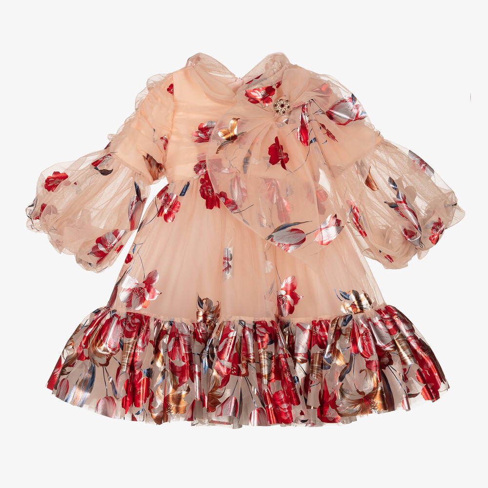 Junona - Girls Pink Tulle Floral Dress | Childrensalon