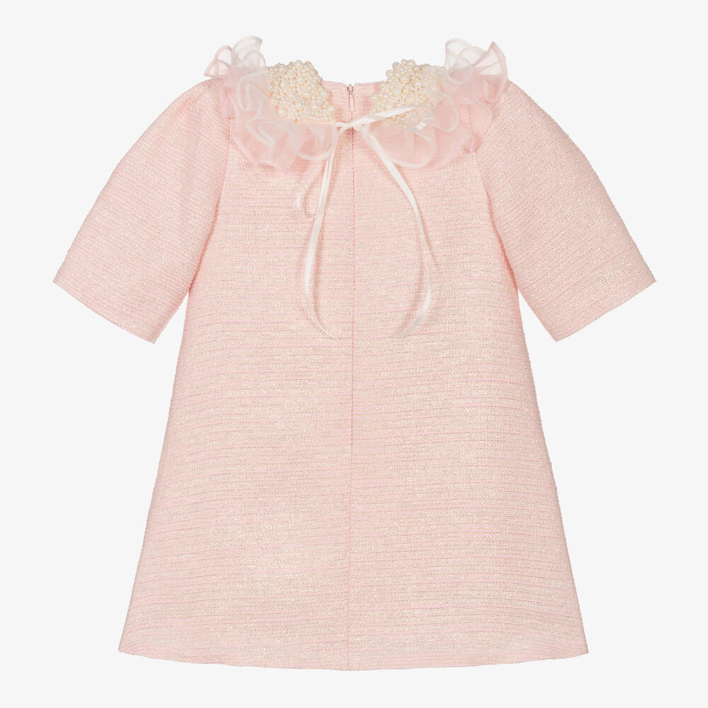 Junona-Girls Pink Tweed & Pearl Collar Dress | Childrensalon Outlet