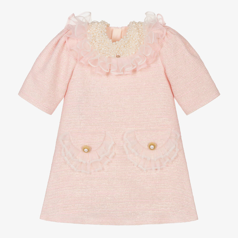 Junona - Girls Pink Tweed & Pearl Collar Dress | Childrensalon