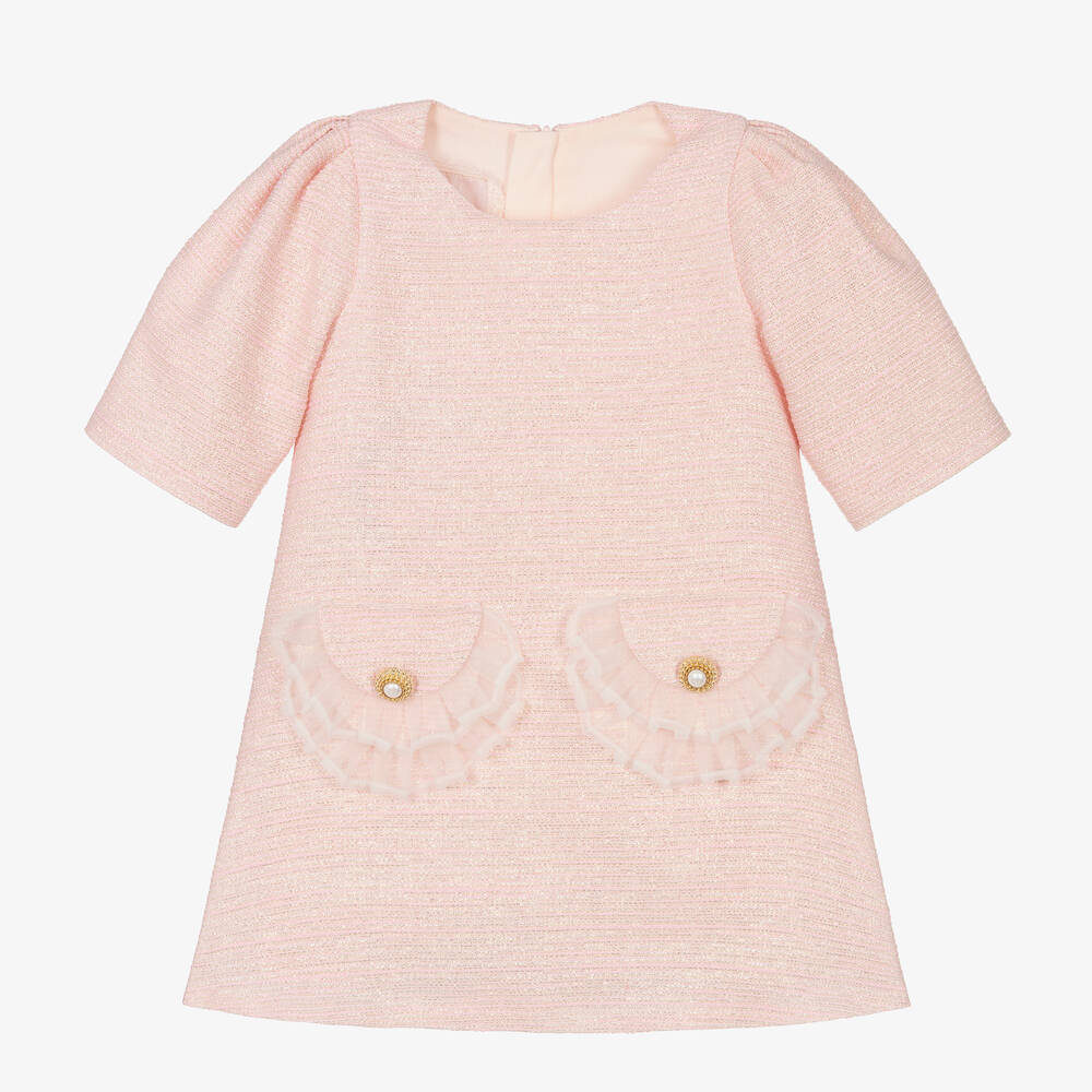 Junona-Girls Pink Tweed & Pearl Collar Dress | Childrensalon Outlet