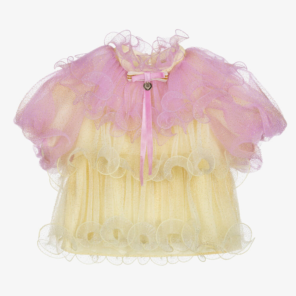 Junona - Girls Pink & Yellow Tulle Blouse | Childrensalon