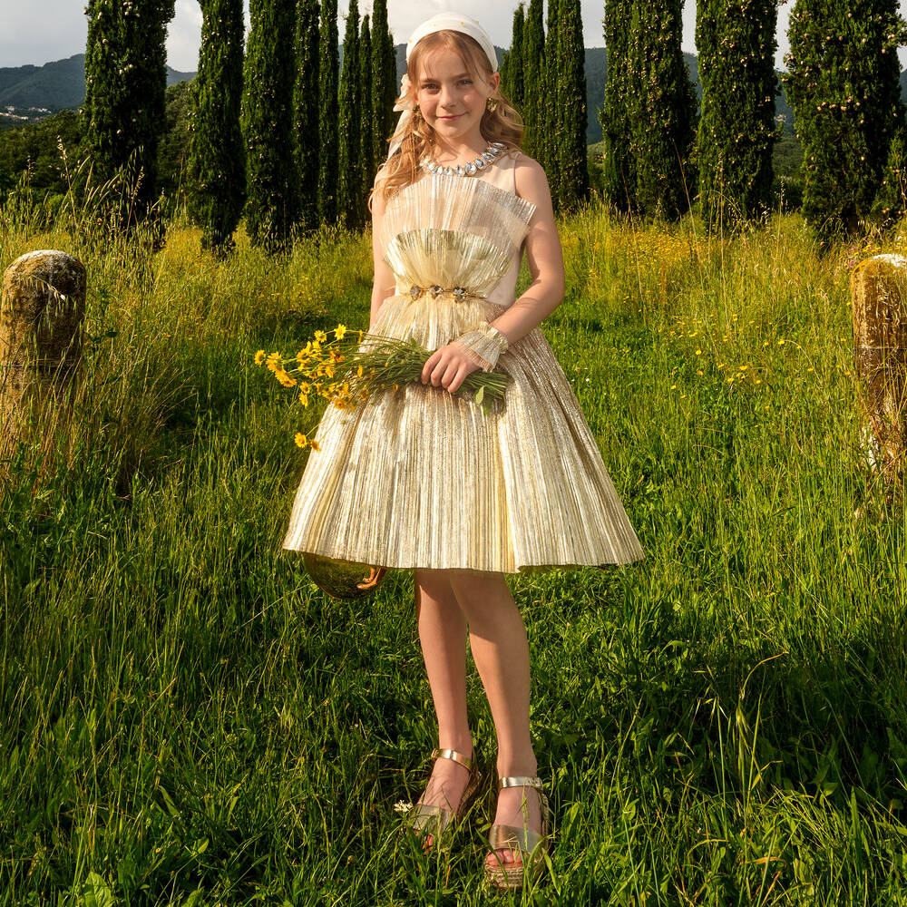 Junona-Girls Pleated Gold Satin Dress | Childrensalon Outlet
