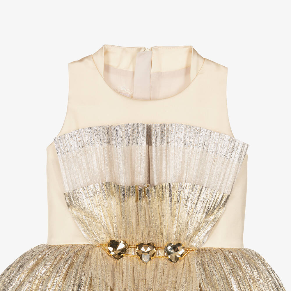 Junona-Girls Pleated Gold Satin Dress | Childrensalon Outlet
