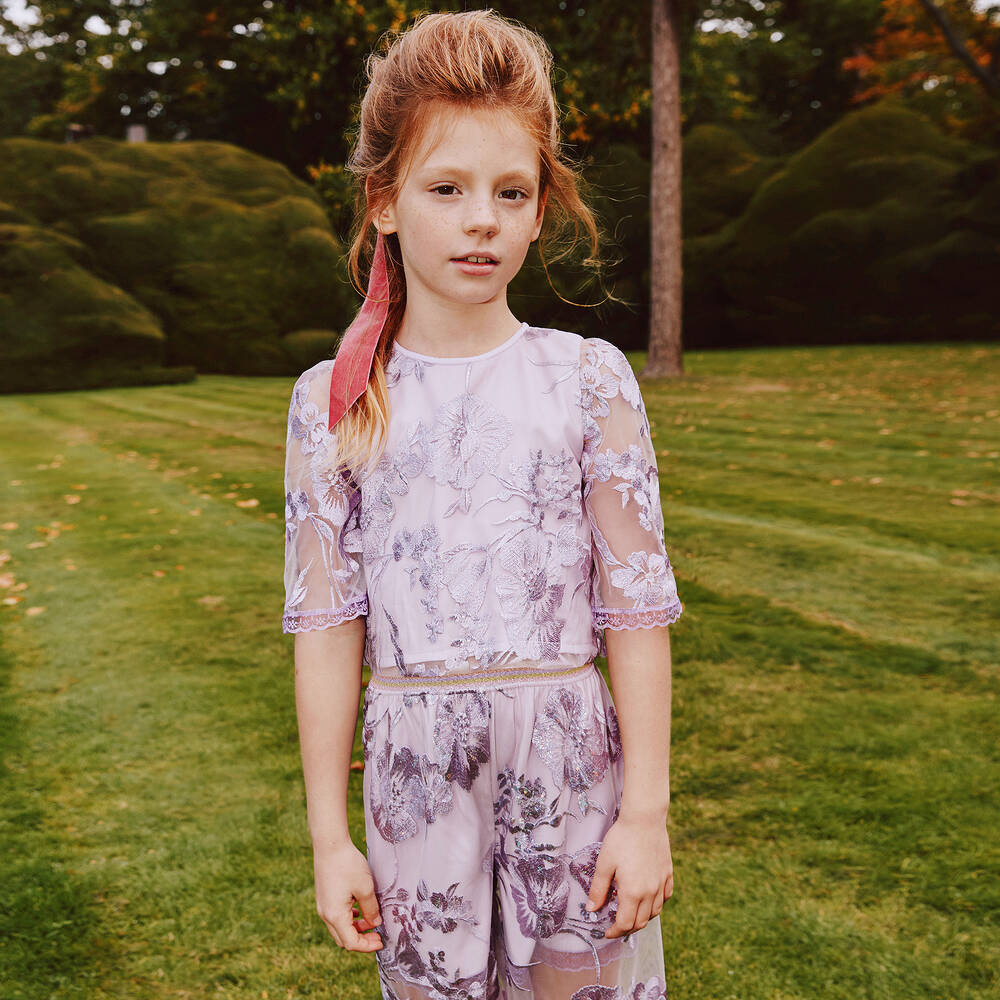 جونونا-بلوز تول وساتان مطرز بورود لون بنفسجي للبنات | Childrensalon Outlet