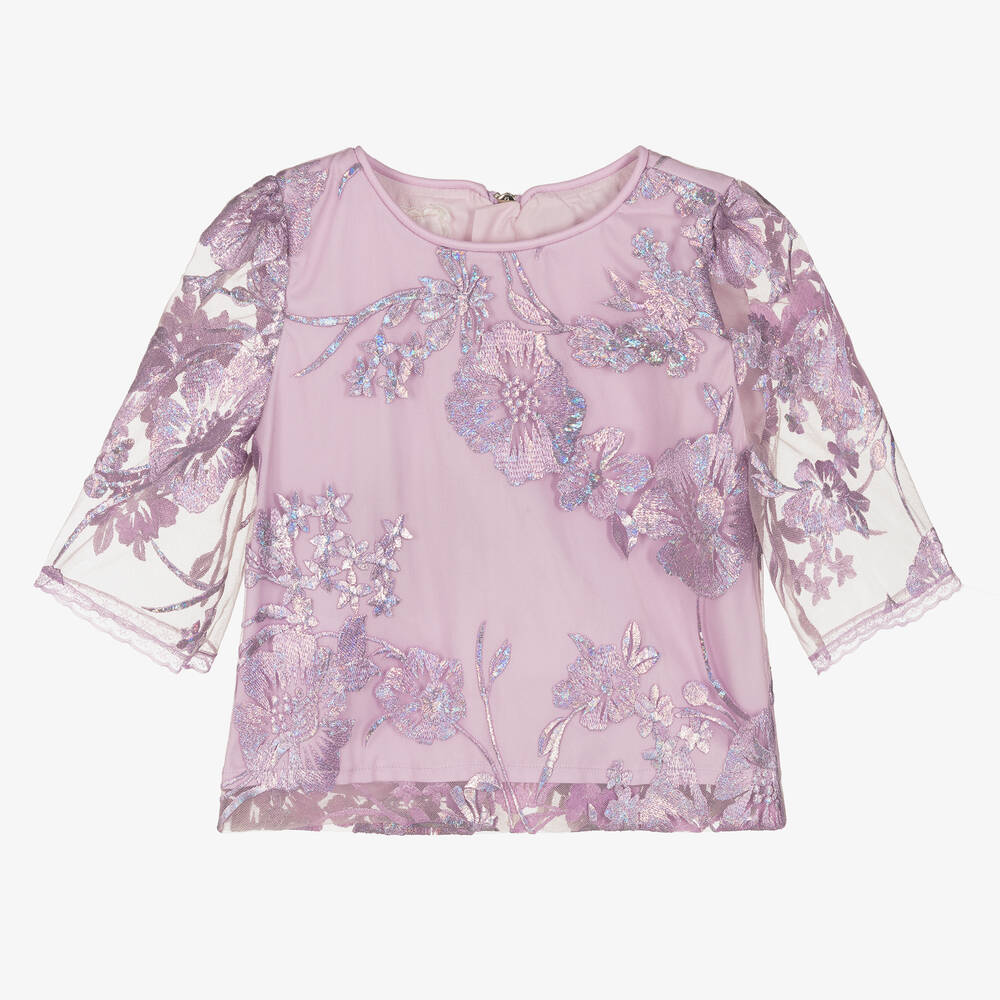 Junona - Girls Purple Floral Embroidered Blouse | Childrensalon