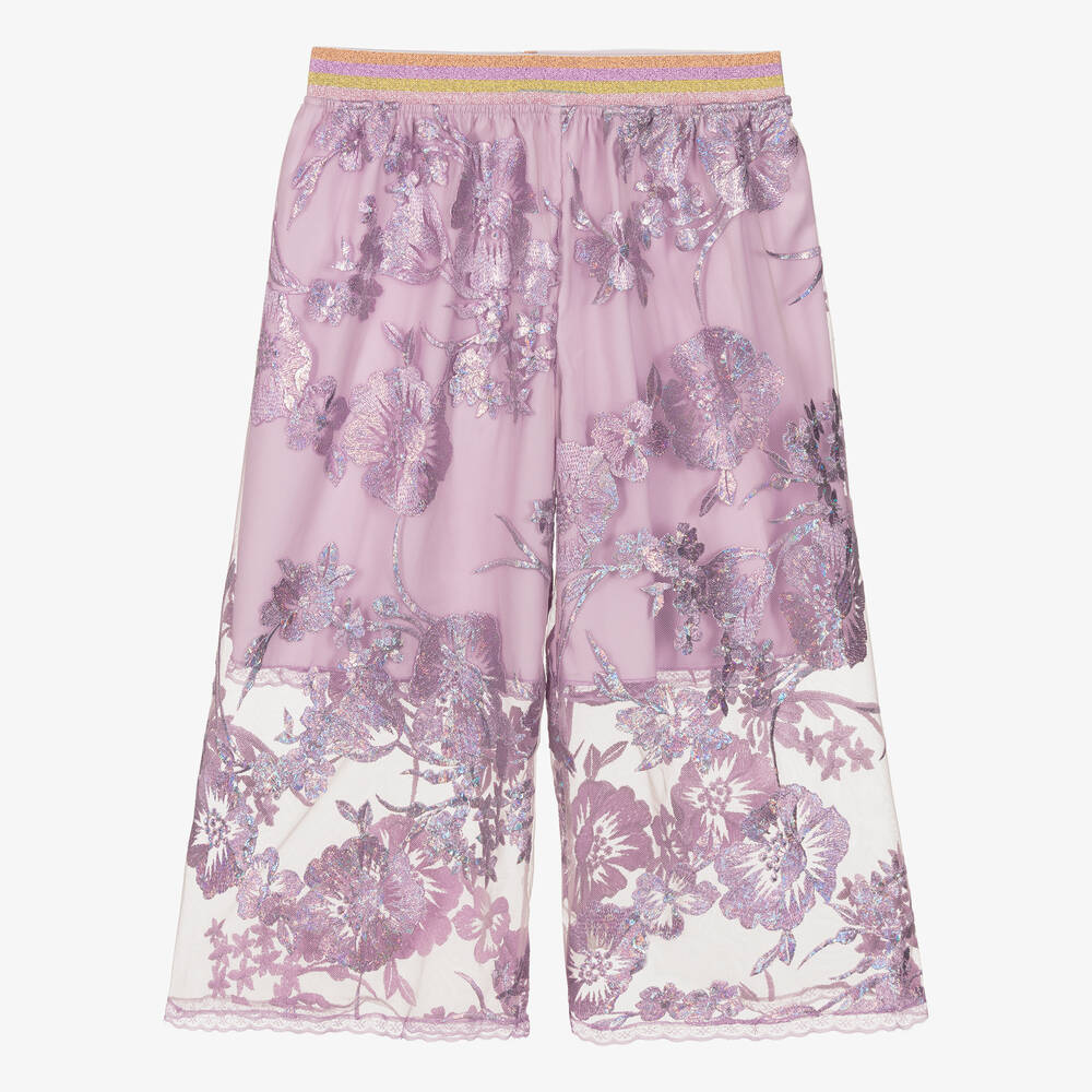 Junona - Girls Purple Floral Embroidered Trousers | Childrensalon