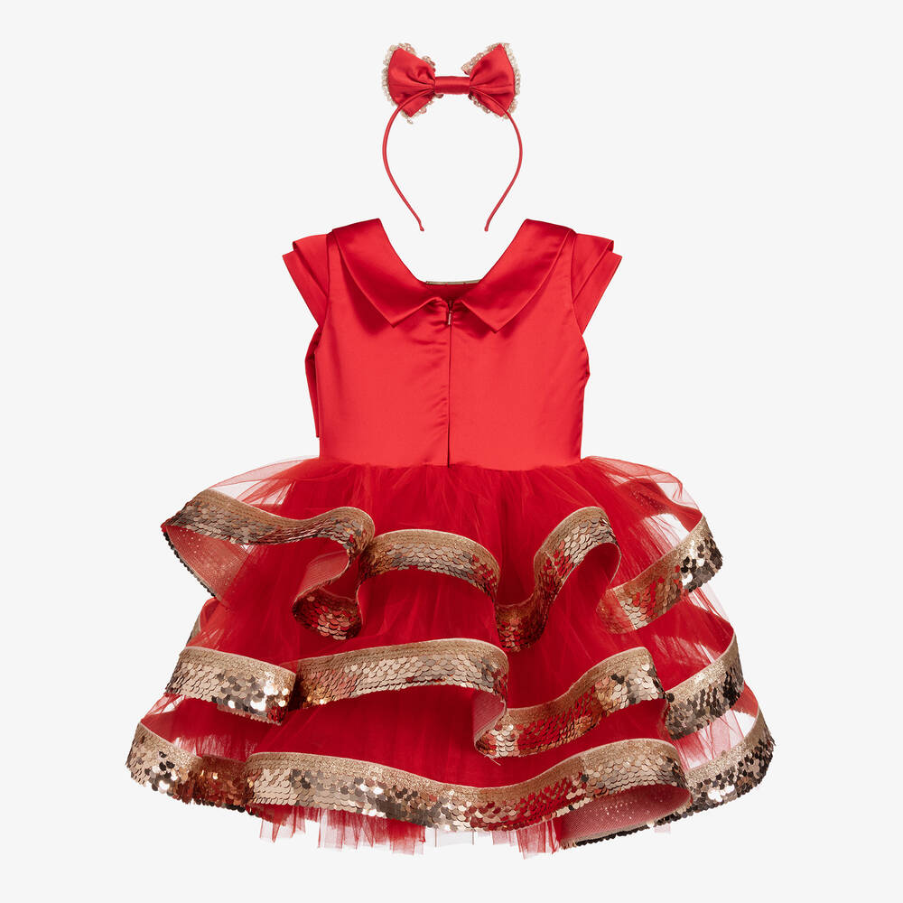 جونونا-فستان ساتان و تول لون أحمر و ذهبي - قطعتين | Childrensalon Outlet