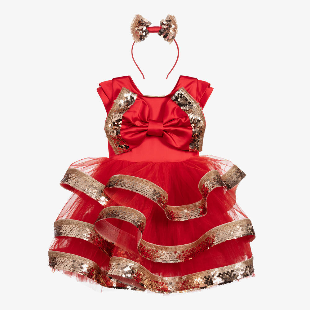 Junona - Girls Red & Gold Satin Dress | Childrensalon
