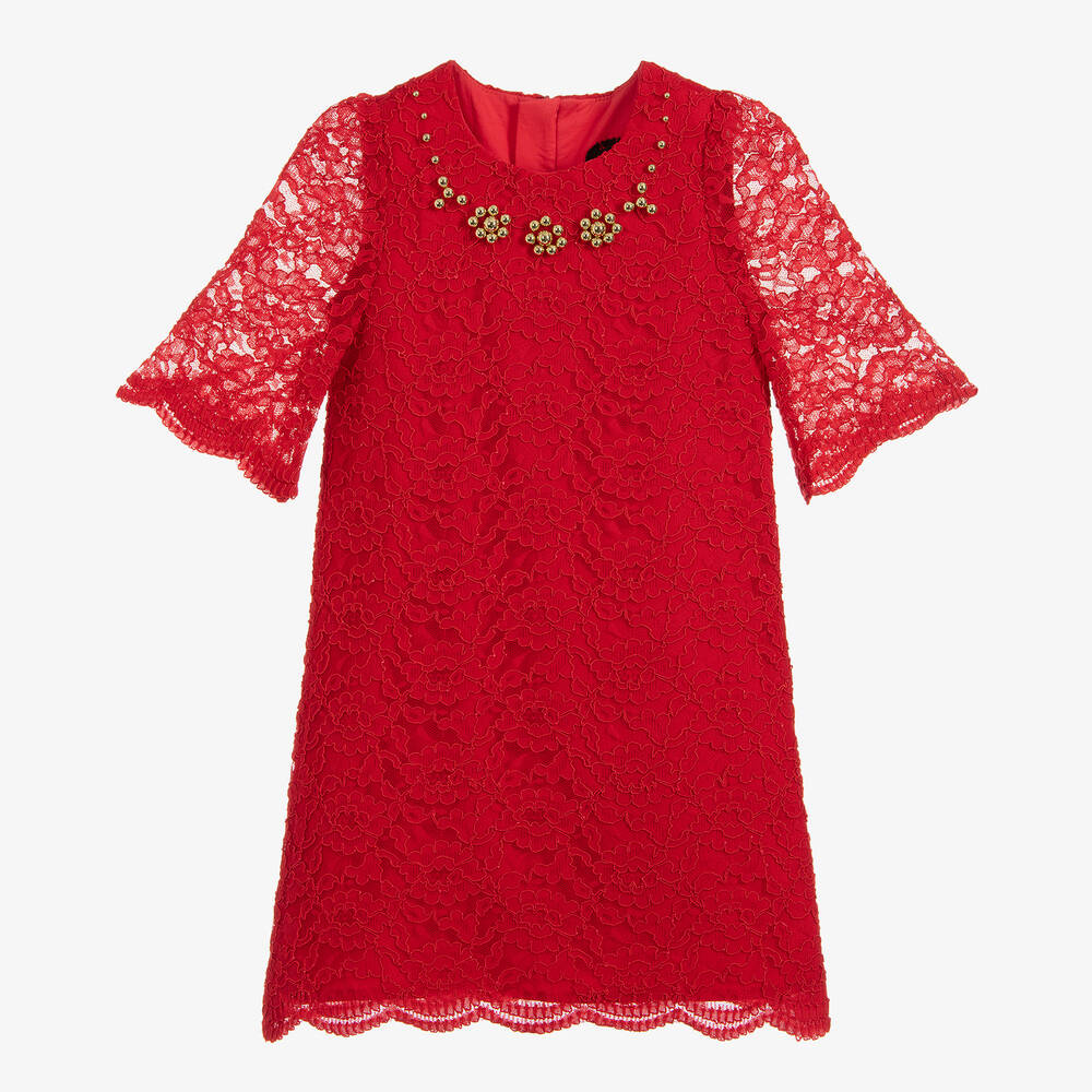 Junona - Girls Red Lace Dress | Childrensalon