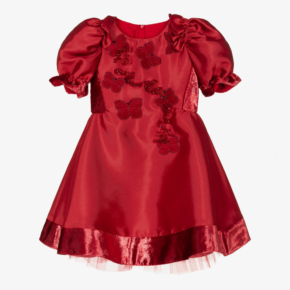 Junona - Girls Red Satin Butterfly Dress | Childrensalon