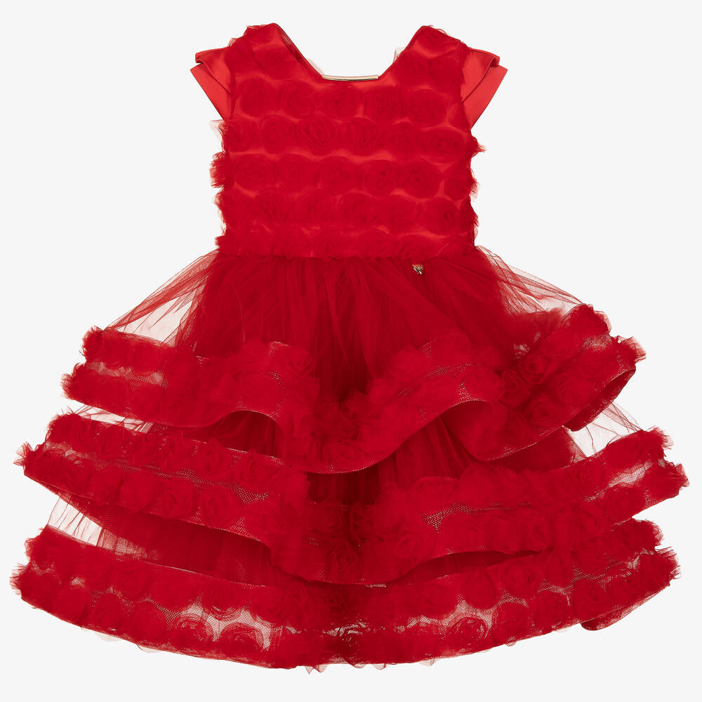 Junona - فستان ساتان وتول بطبقات لون أحمر | Childrensalon