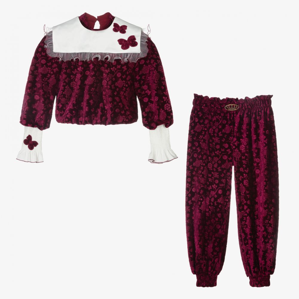 جونونا-طقم بنطلون مخمل لون أحمر بطبعة ورود للبنات | Childrensalon Outlet