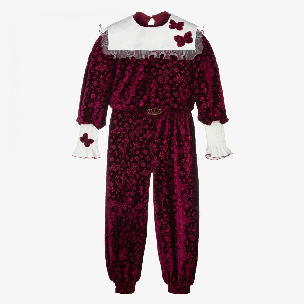 Junona - Ensemble pantalon fleuri rouge en velours | Childrensalon