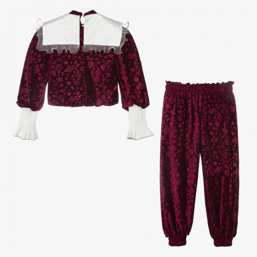جونونا-طقم بنطلون مخمل لون أحمر بطبعة ورود للبنات | Childrensalon Outlet