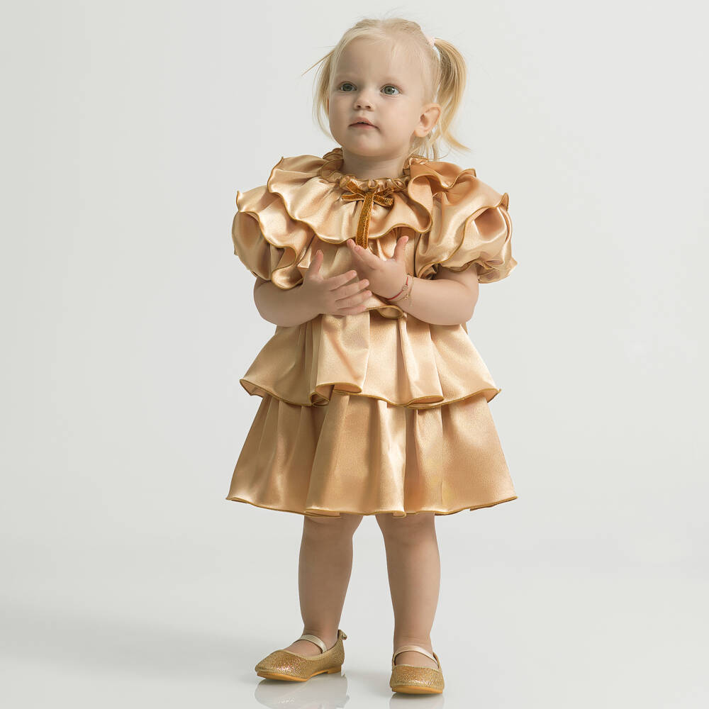 Junona-Girls Satin Gold Frill Gown | Childrensalon Outlet