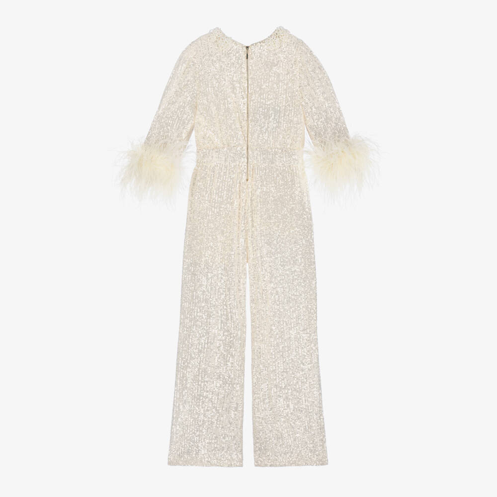 Junona-Girls Sequin Feathered Ivory Jumpsuit | Childrensalon Outlet
