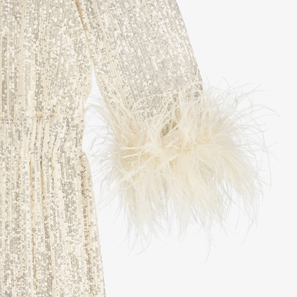 Junona-Girls Sequin Feathered Ivory Jumpsuit | Childrensalon Outlet