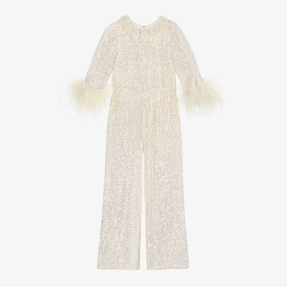 Junona-Girls Sequin Feathered Ivory Jumpsuit | Childrensalon Outlet