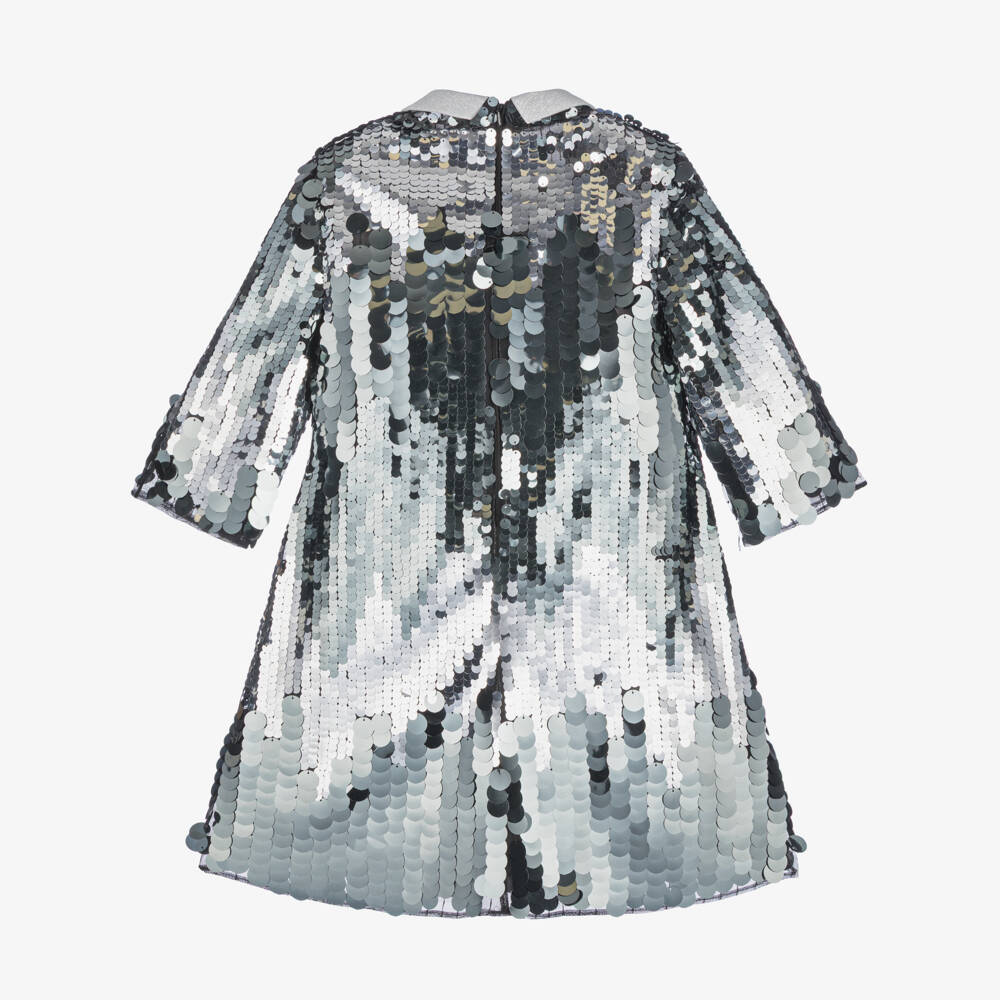 Junona-Girls Silver Sequinned Dress with Crystal & Velvet Bow | Childrensalon Outlet