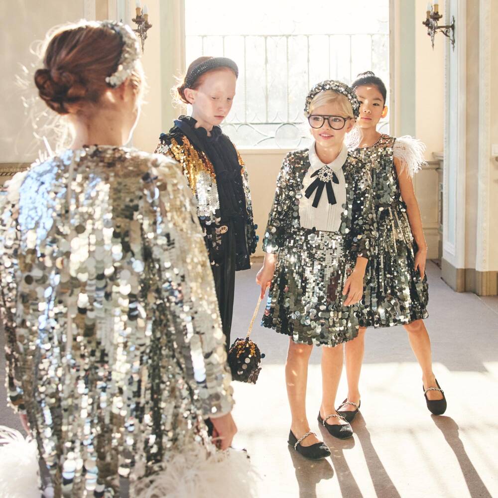 Junona-Girls Silver Sequinned Dress with Crystal & Velvet Bow | Childrensalon Outlet
