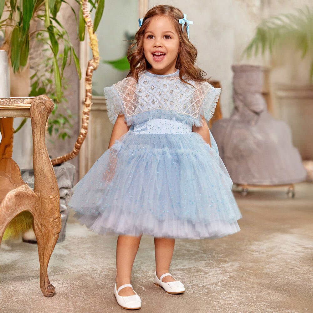 Junona-Girls Sparkling Blue Tulle Gown | Childrensalon Outlet