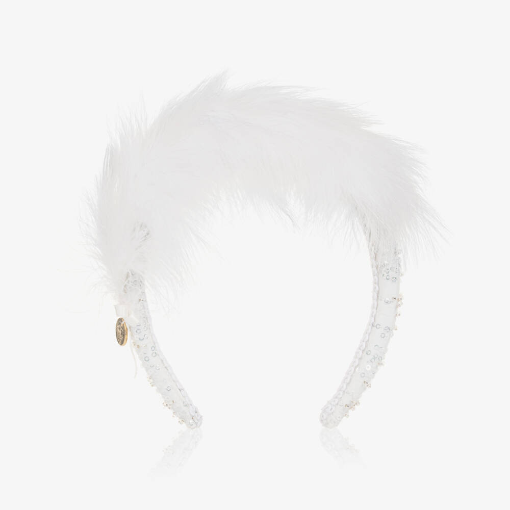 Junona-Girls Sparkling Feathered White Headband | Childrensalon Outlet