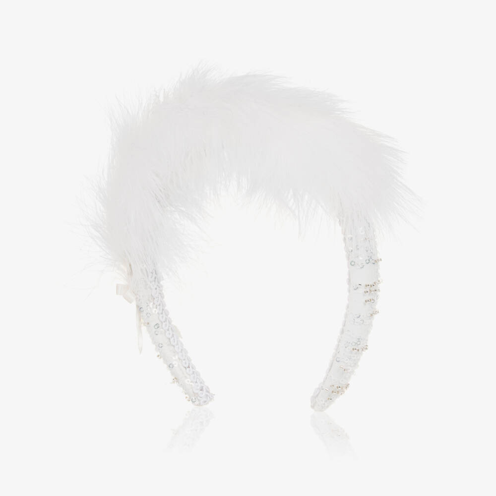 Junona-Girls Sparkling Feathered White Headband | Childrensalon Outlet